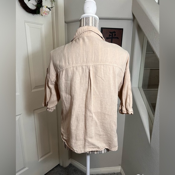 Zara cream 100% Linen semi cropped high low-low button down blouse oversized S - Picture 4 of 12